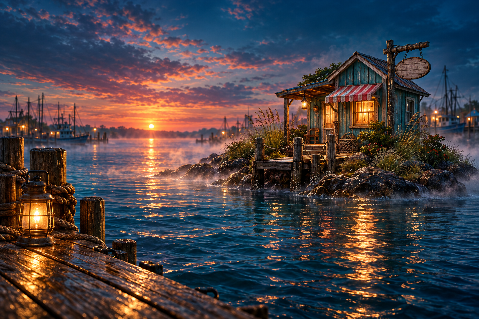 A mysterious coastal island under a vivid twilight sky, with a lantern-lit hut and crooked signs